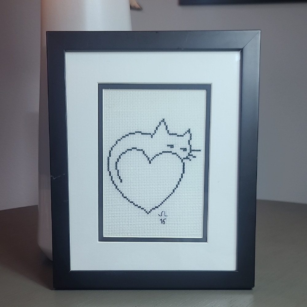 Framed Cat Heart Cross Stitch Art